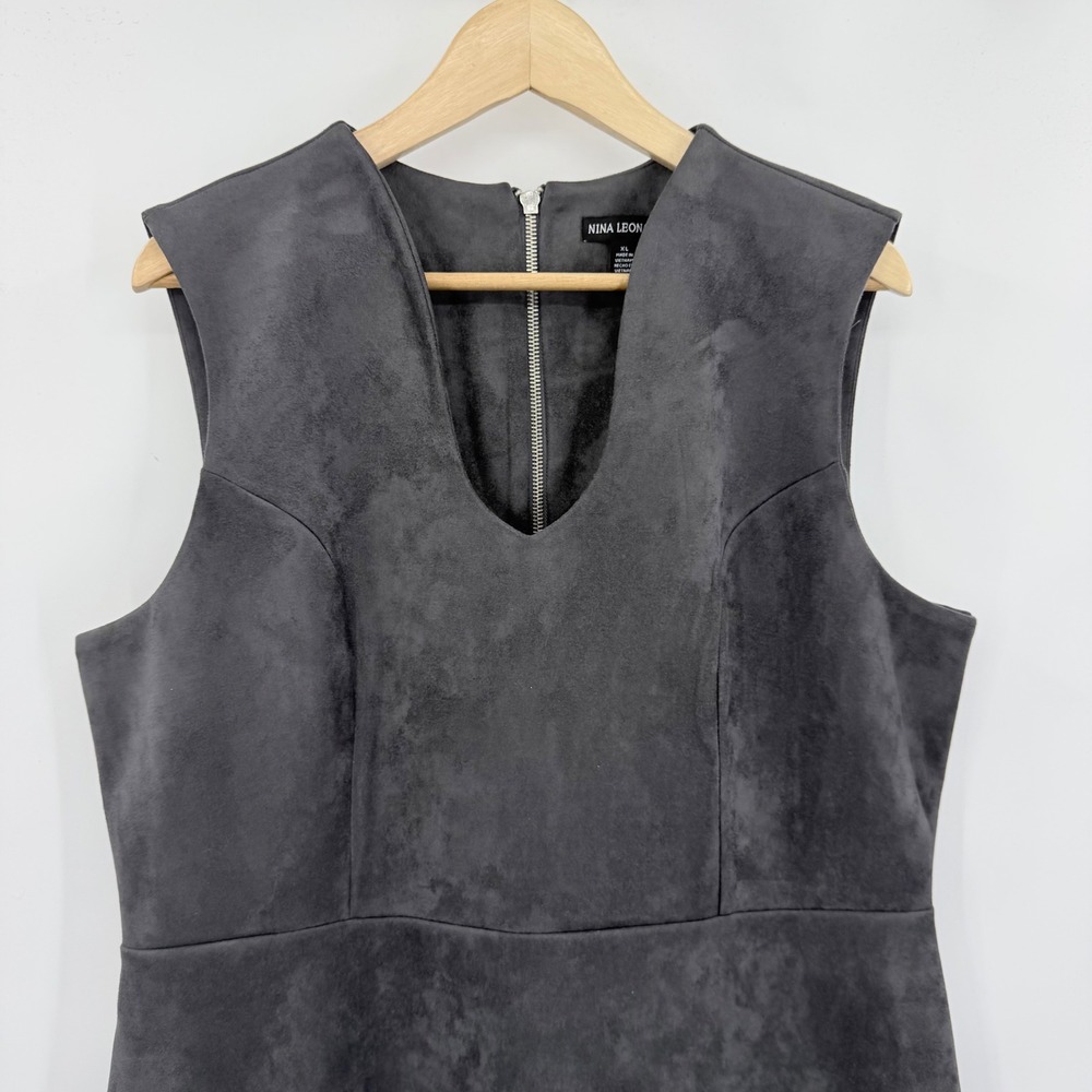 Nina Leonard Charcoal Grey Faux Suede V-Neck Sheath Dress XL Sleeveless Midi‎ - Picture 3 of 7